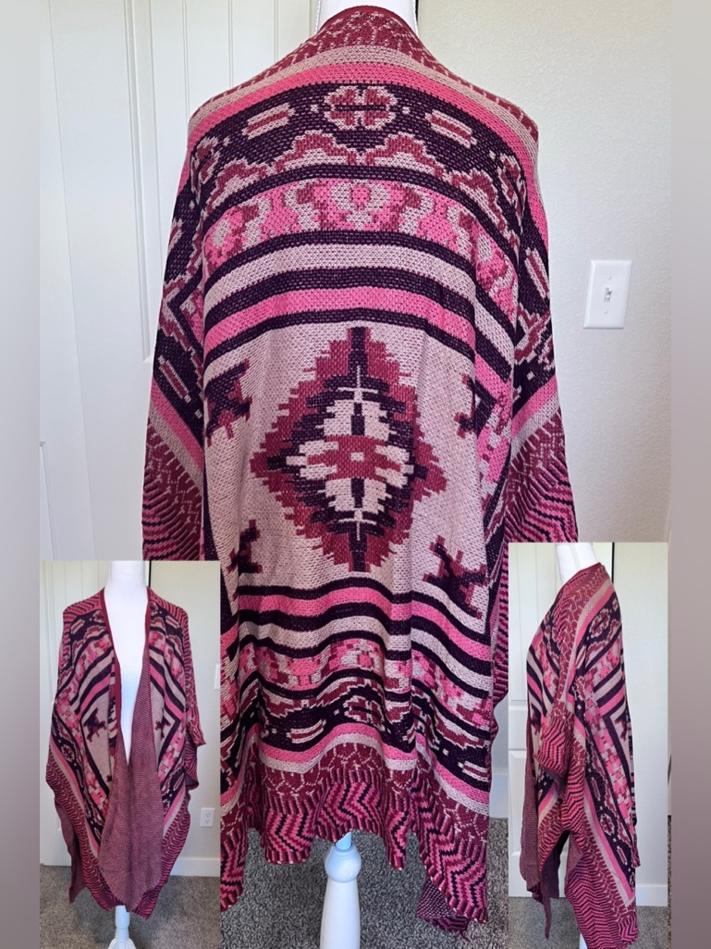 Kimono Cardigan Boho Southwest Open-Front Knit Poncho Coastal Cowgirl L/XL